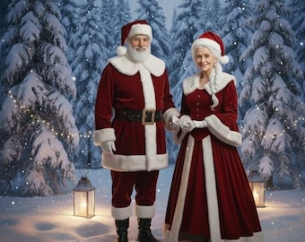 May include: A pair of figures dressed in matching deep red velvet outfits with thick white faux fur trim. The individual on the left wears a jacket, trousers, and hat with a white beard. The individual on the right wears a long dress and hat.