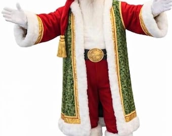 May include: A Santa Claus costume featuring a red velvet coat with a green patterned overlay, white faux fur trim, and gold piping. The outfit includes red trousers, a matching hat with a gold tassel, white gloves, and black boots with gold bells.