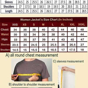 May include: A size chart for clothing with two tables labeled Mens Measurements In Inches and Women Jacket's Size Chart (In Inches). Below are three instructional images labeled A, B, and C showing how to measure chest, shoulders, and sleeves.
