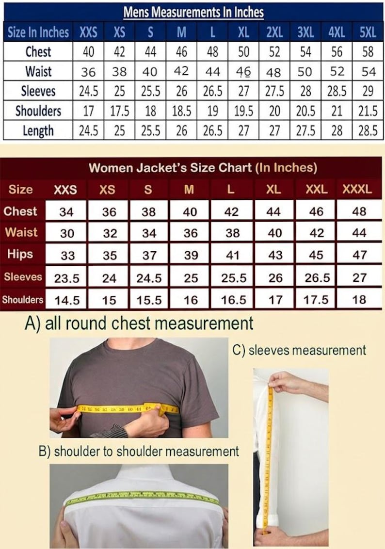 May include: A size chart for clothing with two tables labeled Mens Measurements In Inches and Women Jacket's Size Chart (In Inches). Below are three instructional images labeled A, B, and C showing how to measure chest, shoulders, and sleeves.