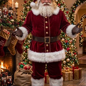 May include: Santa Claus wearing a deep red velvet suit with white faux fur trim, a matching hat, a wide brown leather belt with a gold buckle, and dark brown boots. He has a long white beard and is standing in front of a lit Christmas tree.