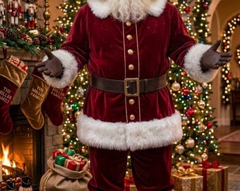 May include: Santa Claus wearing a deep red velvet suit with white faux fur trim, a matching hat, a wide brown leather belt with a gold buckle, and dark brown boots. He has a long white beard and is standing in front of a lit Christmas tree.