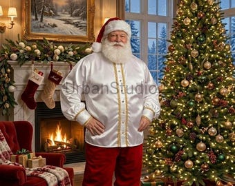 May include: A Santa Claus figure wearing a white satin shirt with gold trim, red trousers with white fur cuffs, and a red hat with white fur trim. The figure has a long white beard and stands in a room with a lit Christmas tree and fireplace.