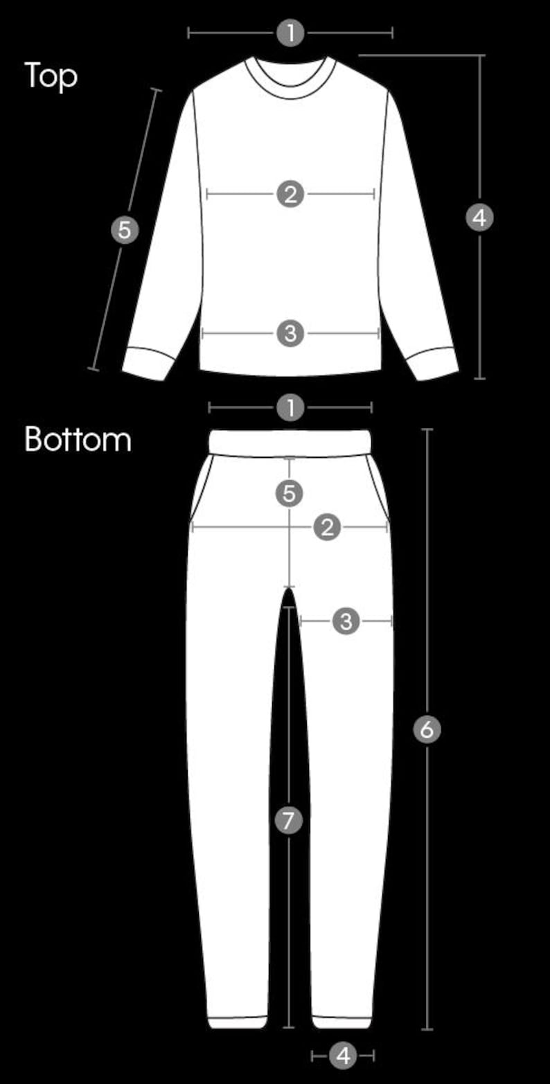 May include: A white line drawing of a long-sleeve top and pants set on a black background. The diagram includes numbered measurement indicators for the top and bottom, with labels for Top and Bottom, illustrating sizing points for the garment.