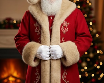 May include: A Santa Claus figure wearing a long red coat with beige fur trim and cuffs, featuring gold embroidered scrollwork patterns. The outfit includes a matching red hat with a beige fur brim and pom-pom, paired with white gloves.