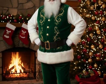 May include: A Santa Claus costume featuring a deep green velvet vest and trousers with white faux fur trim. The vest displays gold scrollwork embroidery, gold buttons, and a black leather belt with a gold buckle. A matching green hat with white fur.