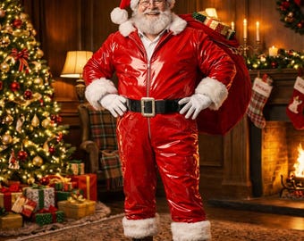 May include: A person dressed as Santa Claus wearing a shiny red vinyl jumpsuit with white faux fur trim at the cuffs and hem, a black belt with a silver buckle, and a matching red hat. The figure carries a large red sack over one shoulder.