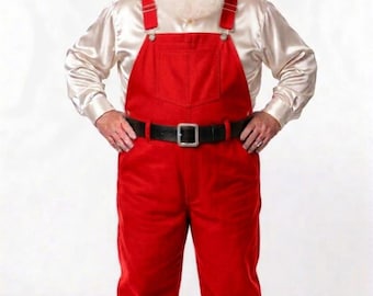 May include: A Santa Claus figure wearing a red hat with white fur trim, a cream-colored satin long-sleeve shirt, and bright red overalls featuring white fur cuffs at the ankles. A black leather belt with a silver buckle is worn over the overalls.