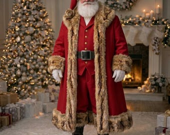 May include: A Santa Claus costume featuring a long red coat and matching trousers trimmed with thick brown faux fur. The ensemble includes a red hat with a fur brim, a red vest with gold buttons, a black belt with a silver buckle, and white gloves.