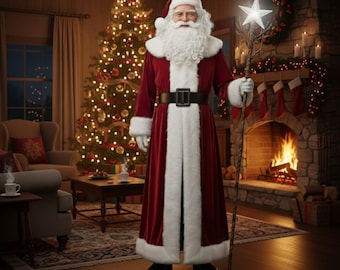 May include: Santa Claus in a red velvet suit with white trim, a black belt, and a white beard, holding a star-topped staff. A decorated Christmas tree and a fireplace with stockings are in the background, creating a festive holiday scene.