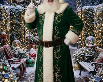 May include: A figure dressed in a long, deep green velvet coat with white faux fur trim and gold scroll embroidery. The outfit includes a matching green hat with white fur, a dark brown belt with a gold buckle, and white gloves, standing outdoors.