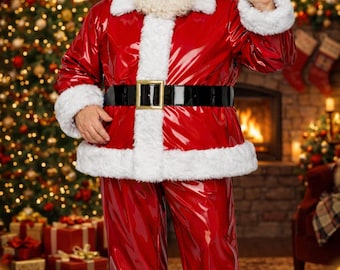 May include: A glossy red Santa Claus costume featuring a jacket and trousers with white faux fur trim, a matching hat, a wide black belt with a gold-tone buckle, and black boots. The outfit has a shiny, reflective finish throughout the fabric.