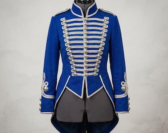 May include: A vibrant royal blue military-style jacket featuring a high collar, long sleeves, and a structured tailcoat silhouette. The front is adorned with horizontal white braided cord trim and two vertical rows of polished silver-toned buttons.