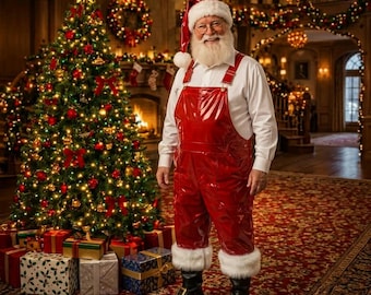 May include: A person dressed as Santa Claus wearing a white long-sleeved shirt and shiny red vinyl overalls with white faux fur trim at the ankles. The outfit includes a matching red hat with white fur trim and black leather boots with buckles.