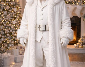 May include: A full-length white Santa Claus costume featuring a long coat with thick faux fur trim on the collar, cuffs, and hem. The outfit includes a matching white vest, trousers, gloves, boots, a wide belt with a silver buckle, and a hat.