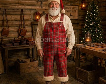 May include: A person with a white beard wearing a red and green plaid overall with white faux fur trim at the ankles, a beige long-sleeve shirt, and a red Santa hat with a white pom-pom, standing in a rustic wooden workshop setting.