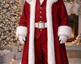 May include: A Santa Claus figure wearing a long red coat with thick white faux fur trim, a matching red hat with a white pom-pom, a red vest with silver buttons, red trousers, white gloves, a white belt with a silver buckle, and white boots.