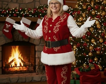 May include: A person in a Santa Claus costume, with a red velvet vest and pants trimmed with white faux fur. The outfit features gold embroidery and a black belt. A Christmas tree and fireplace are in the background.