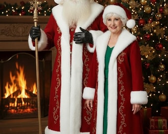 May include: A long red coat with white faux fur trim and gold embroidery, worn with a matching red hat with white fur trim. The coat features a long front opening, long sleeves, and a deep red fabric base. A gold staff with a snowflake topper is held.