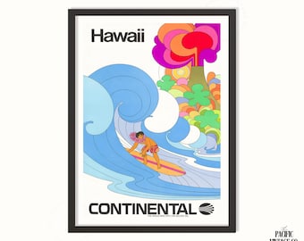 Vintage Hawaii Surf Travel Poster | Retro Island Wave Art | Mid Century Surf Wall Print