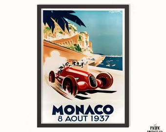 Vintage Monaco Racing Poster | Retro 1937 Motorsport Art Print | Classic French Riviera Decor