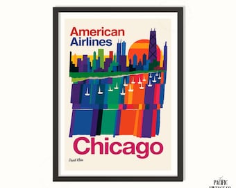 May include: A framed vintage travel poster for American Airlines featuring a colorful, stylized depiction of the Chicago skyline. The poster has a cream background with the words "American Airlines" and "Chicago" in bold text. The artwork includes a sunset and boats.