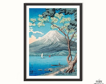 川瀬巴水作「忍野から見た富士山」木版画、ジクレー、版画、山、風景