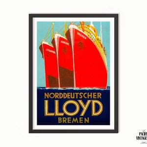 May include: Framed vintage travel poster featuring three red ocean liners, with the names "Columbia", "Europa", and "Bremen". The poster has a blue sky and sea background, with the words "Norddeutscher Lloyd Bremen" in gold lettering.