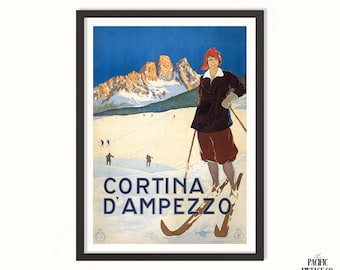 Cortina d’Ampezzo Vintage Ski Poster – Italian Alps Art Print, Dolomites Winter Sports Decor, Retro Travel Wall Art