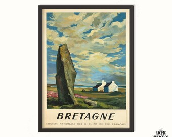 Plakat podróżniczy Bretania Francja – wydruk vintage SNCF, sztuka ścienna z nadmorskim krajobrazem, francuski plakat Bretania, wydruk vintage