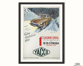 May include: Vintage poster in a black frame featuring a brown Citroën car racing on a snowy mountain road. The poster includes text that reads "Rallye Monte Carlo 1959" and "1er Classement Général". The Yacco logo is also visible.