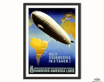 Vintage reisposter zeppelin | Retro luchtschip wereldkaart kunst | Muurafdruk vroege luchtvaart
