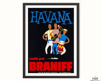 Póster de viaje vintage de La Habana: Impresión artística de pared de Cuba, escena musical caribeña retro, colorida obra de mediados de siglo, decoración tropical