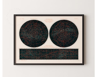 Vintage Constellation Map Print – Antique Star Chart Wall Art, Celestial Hemisphere Poster, Astronomy Home Decor, Vintage Art