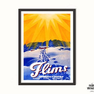 May include: Framed vintage travel poster for Flims, Switzerland, showing a snowy landscape with ski tracks leading to a red building. The poster has a bright yellow sunburst design and the word "Flims" in white script.