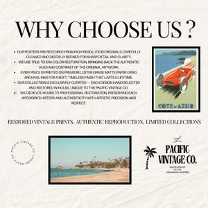 May include: An advertisement for Pacific Vintage Co. featuring text "WHY CHOOSE US?" and "RESTORED VINTAGE PRINTS, AUTHENTIC REPRODUCTION, LIMITED COLLECTIONS." Includes framed vintage art prints, including a red race car and a coastal landscape.