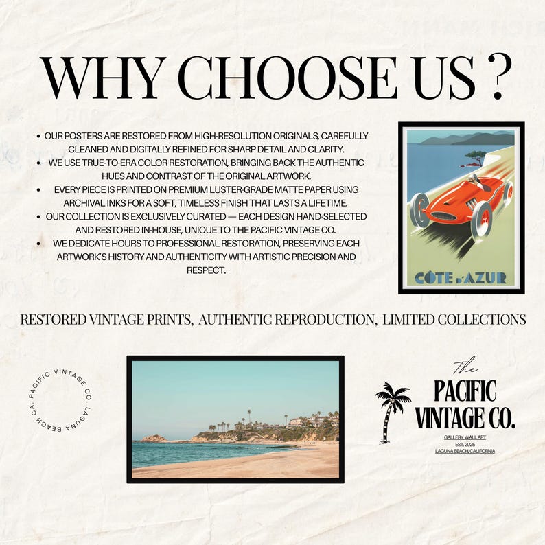 May include: An advertisement for Pacific Vintage Co. featuring text "WHY CHOOSE US?" and "RESTORED VINTAGE PRINTS, AUTHENTIC REPRODUCTION, LIMITED COLLECTIONS." Includes framed vintage art prints, including a red race car and a coastal landscape.