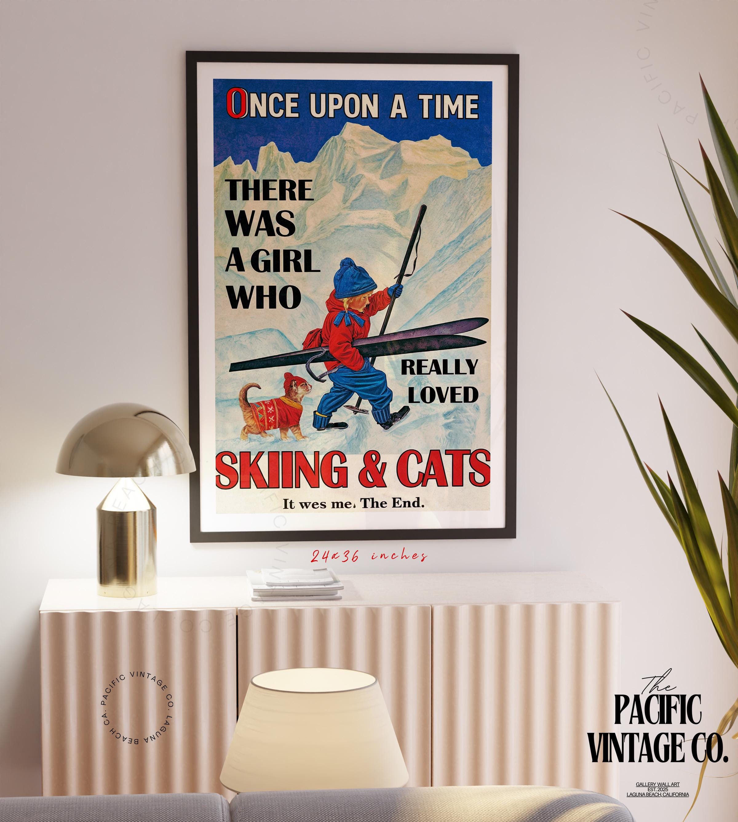 Vintage Once Upon a Time Girl Poster – Skiing and Cats Vintage Print ...