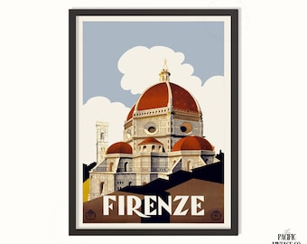 Firenze Italy Travel Poster – Vintage Florence Duomo Print, Italian Art Deco Architecture Wall Art