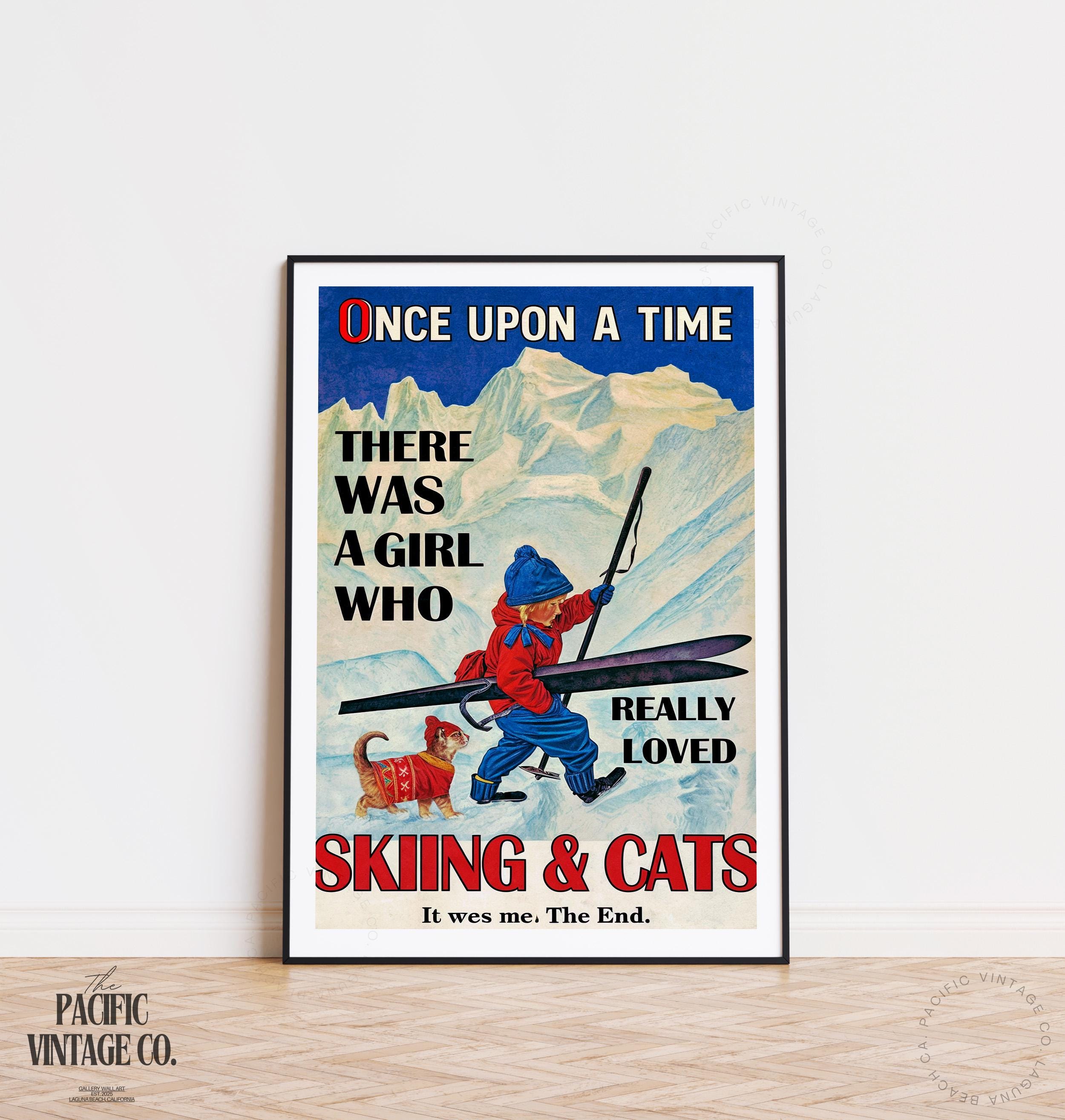 Vintage Once Upon a Time Girl Poster – Skiing and Cats Vintage Print ...