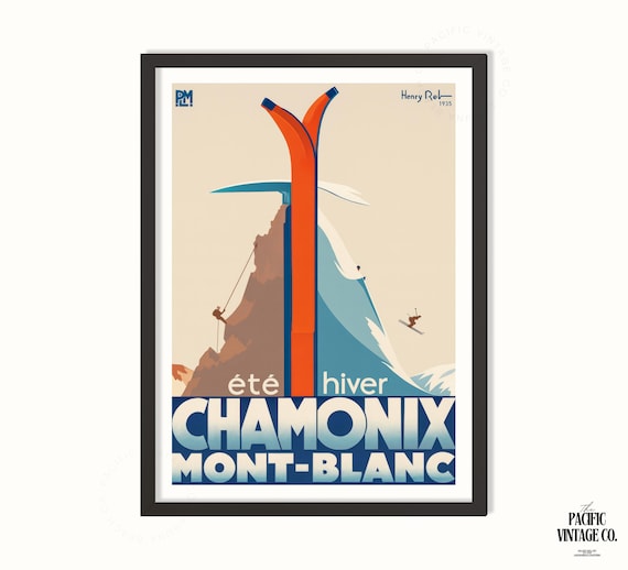 Chamonix Mont Blanc Vintage Ski Poster, French Alps Travel Print, Retro Winter Sports Wall Art, Mountain Decor, Chamonix Vintage Print