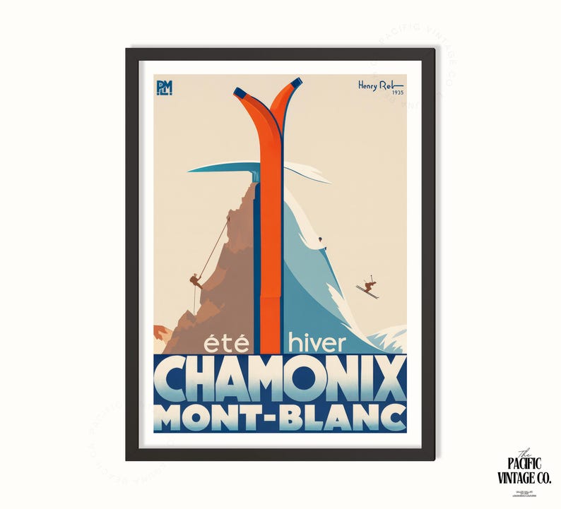 May include: Vintage travel poster for Chamonix Mont-Blanc, featuring orange skis, a mountain climber, and a skier. The poster has a retro design with the text "&eacute;t&eacute; hiver CHAMONIX MONT-BLANC" and "Henry Rel 1935".