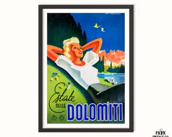 Vintage Dolomites Summer Poster, Italian Alps Travel Art, Retro Italy Wall Decor, Estate Nelle Dolomiti Print, Vintage Home Decor