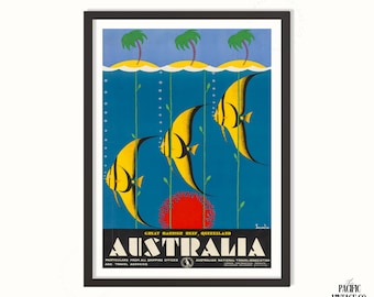 Vintage reisposter Great Barrier Reef Australië | Kunstafdruk in de oceaan van Queensland | Retro wanddecoratie tropische vissen