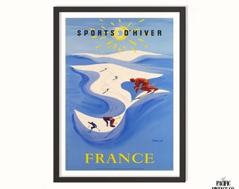 Póster de Deportes de Invierno en Francia: Impresión vintage de viajes de esquí, arte invernal de los Alpes franceses, decoración retro de nieve, decoración vintage para el hogar