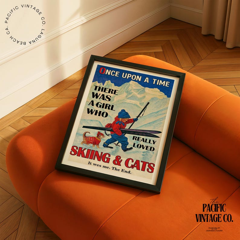 Vintage Once Upon a Time Girl Poster – Skiing and Cats Vintage Print ...