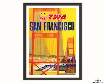 Vintage San Francisco Travel Poster | Golden Gate Bridge Illustration | Mid Century Wall Art