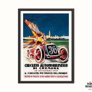 May include: Vintage racing poster featuring a red race car with the number 36, speeding across a green track. The poster has a blue sky background and text in Italian, advertising the "Circuito Automobilistico di Cremona" race.