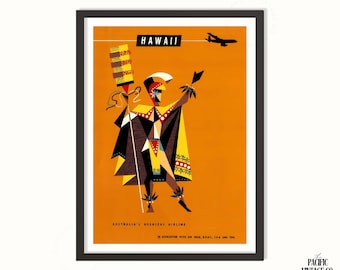 Può includere: Poster di viaggio vintage per le Hawaii, con una figura stilizzata in abiti tradizionali su sfondo arancione. Il poster include la parola "HAWAII" e il testo "AUSTRALIA'S OVERSEAS AIRLINE". L'opera è incorniciata in nero.