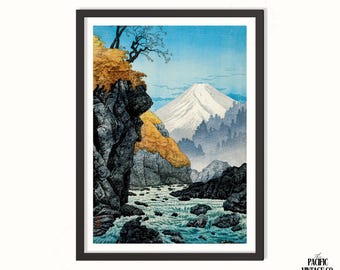 川瀬巴水作「富士山」アートプリント - 日本の木版画ポスター、ヴィンテージ風景画、新版画の山岳装飾